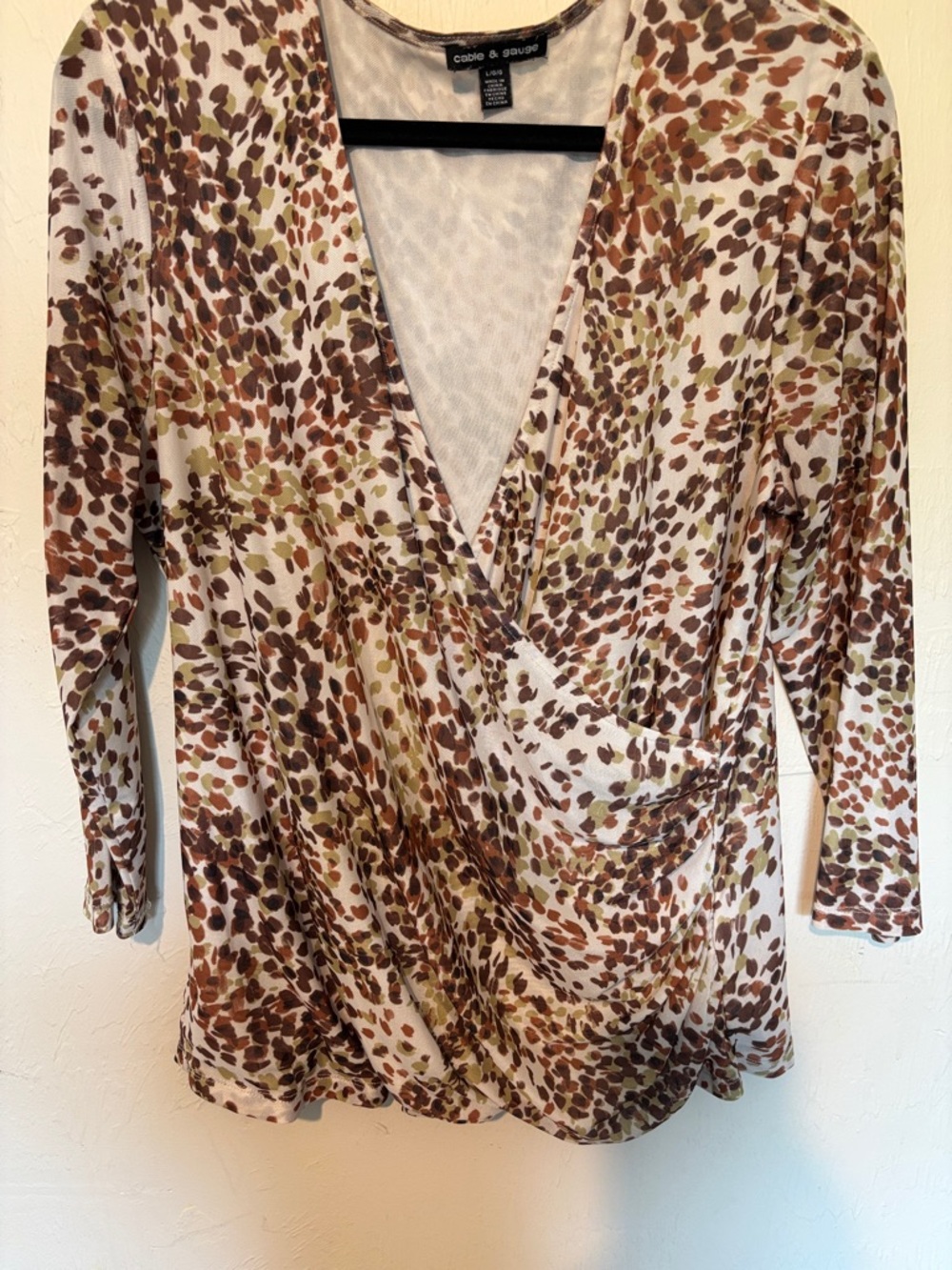 Cable & Gauge Brown and Olive Print Wrap-Front Blouse